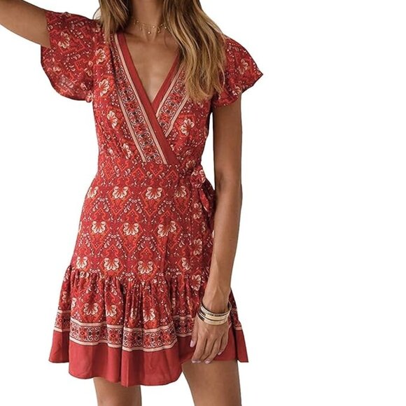 Zesica Dresses & Skirts - 🧚🏻‍♀️ [NWT] ZESICA Boho Wrap Dress Red Floral Print V-Neck Flutter Sleeves (S)
